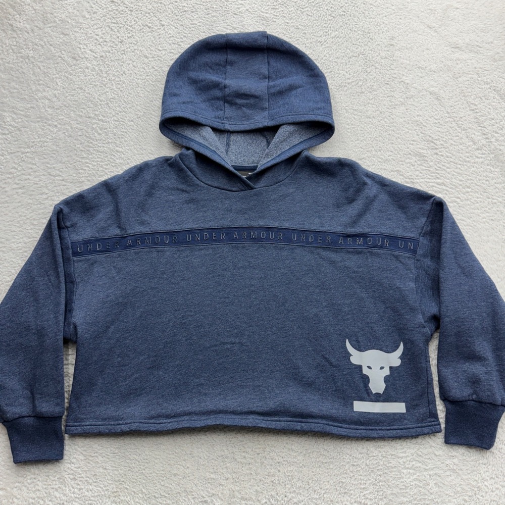 Under Armour Project Rock Women Blue‎ Cropped Hoodie Brahma Bull Small 10213